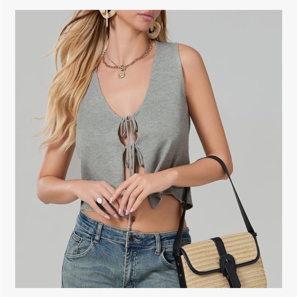 🌹🆕 Tie Front Sweater Vest Sleeveless V Neck Knit Y2K Top Small - Picture 2 of 7